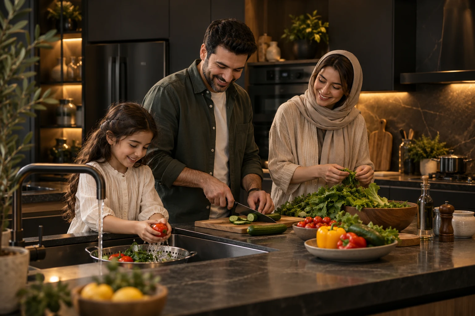 خانواده‌ای در حال آشپزی در آشپزخانه